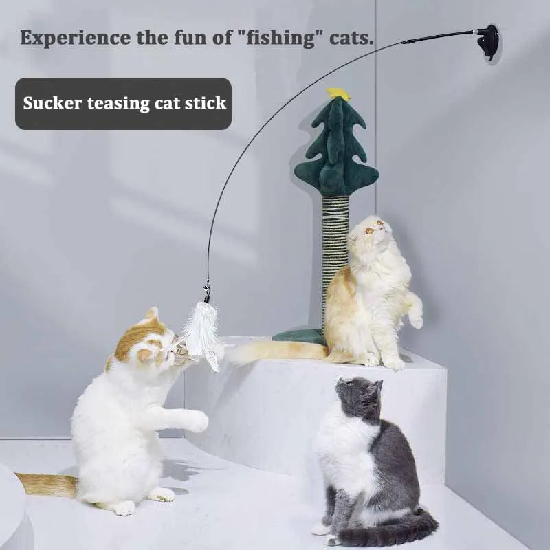 Funny Cat Toy Folorful Fluffy Feather with Bell Sucker Cat Stick Toy Kitten Play Interactive Detachable Teaser Wand Cat Supplies